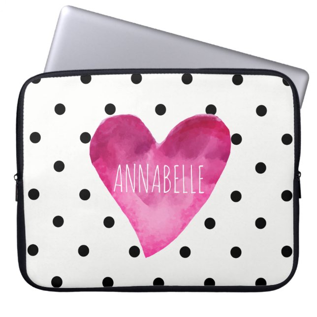 WHITE + Black polka dots Watercolor Heart Monogram Laptop Sleeve (Framsidan)