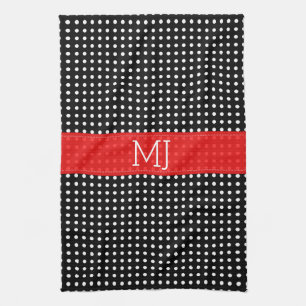 White & Black Polkadot Mönster-Monogram Kökshandduk