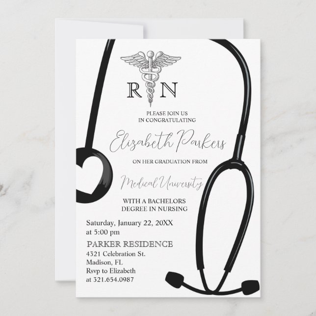 White Black RN Nursing School Studentfest Inbjudningar (Framsida)