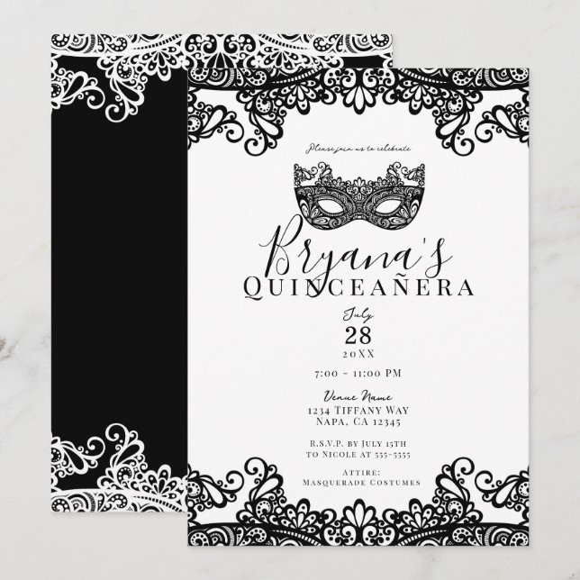 White & Black Snöre Masquerad 15th Quinceañera Inbjudningar (Fram/baksida)