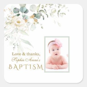 White Blommigt Airy Greenery Girl Photo Baptism Fa Fyrkantigt Klistermärke