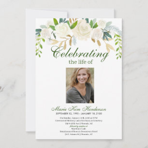 White Blommigt Boho Bouquet Memorial Funeral Photo Inbjudningar