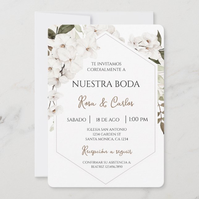 White Blommigt Boho Spansk bröllopsinbjudan Inbjudningar (Framsida)
