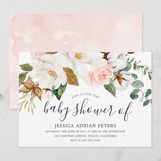 White &  Blommigt Boy eller Girl Baby Shower Inbjudningar (Fram/baksida)