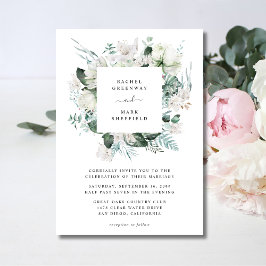 White Blommigt Dusty Blue Greenery Elegant bröllop Inbjudningar