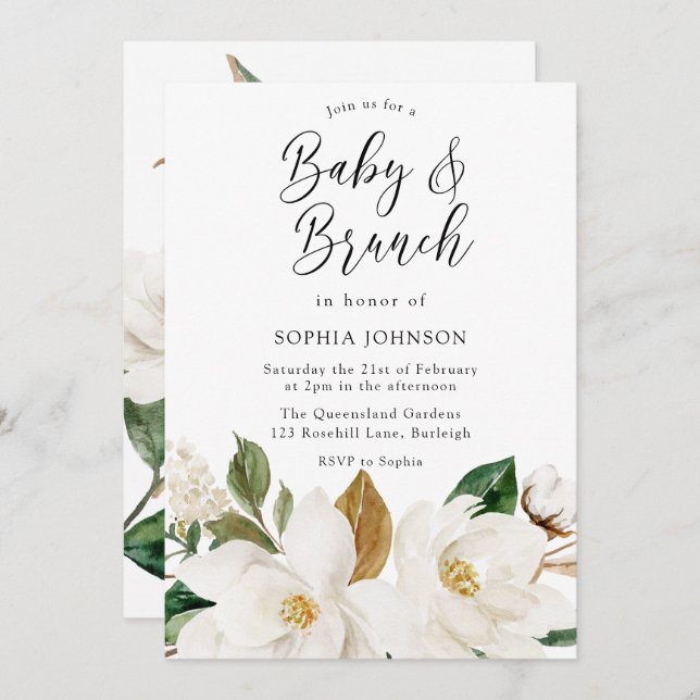White Blommigt Elegant Baby & Brunch Baby Shower Inbjudningar (Fram/baksida)