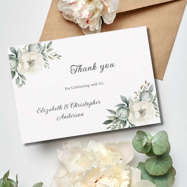White Blommigt Flowers Botanical Greenery Bröllop Tack Kort (White Floral Flowers Greenery Botanical Watercolor Wedding Thank you card)