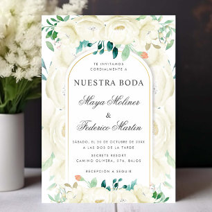White Blommigt Garden Nuestra Boda Spain Bröllop Inbjudningar