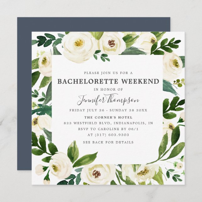 White Blommigt & Greenery Bachelorette Helg Inbjudningar (Fram/baksida)