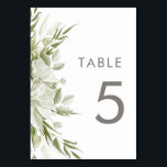White Blommigt Greenery Bröllop Bordsnummer<br><div class="desc">Det här elegant bröllop-temat har en blommande arrangemang av vita blommor och grönt mot en skarp vit bakgrund. Med hjälp av sans serif-typografi och subtila tips från handskriven kalligrafi är denna design både modern och klassisk.</div>