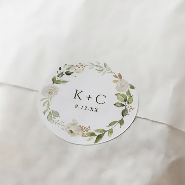 White Blommigt Greenery Bröllop Runt Klistermärke (Elegant greenery wedding favor tags white floral watercolor)