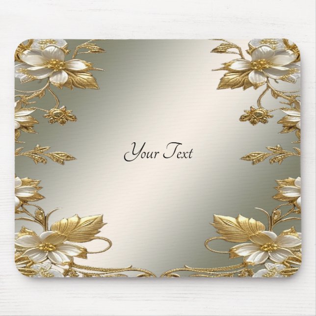 White Blommigt Guld Ornate Mousepad Musmatta (Framsidan)