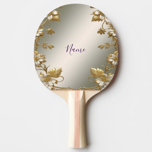 White Blommigt Guld Ornate Ping Pong Paddle Pingisracket (Framsidan)