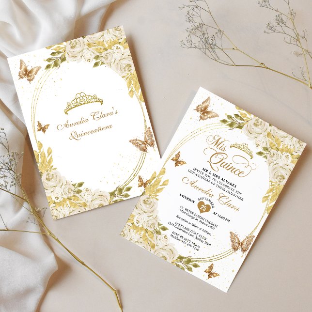 White Blommigt Guld Tiara Butterfly Mis Quinceañer Inbjudningar (Skapare uppladdad)