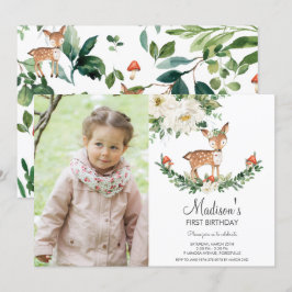 White Blommigt Hjort Fawn Woodland Birthday Photo Inbjudningar