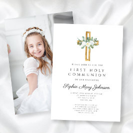 White Blommigt Kor Girl First Communion Photo Inbjudningar