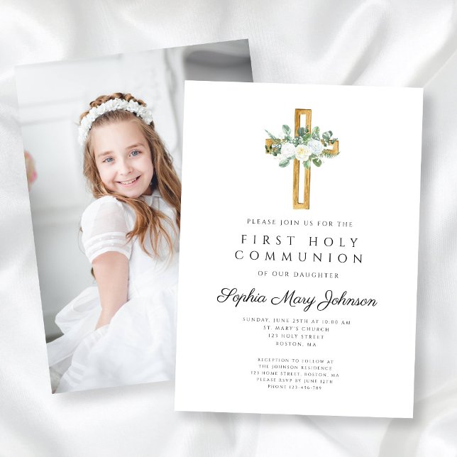 White Blommigt Kor Girl First Communion Photo Inbjudningar (White Floral Cross Girl First Communion Photo Invitation)