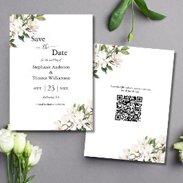 White Blommigt Magnolias Greenery QR kod Bröllop Spara Datumet