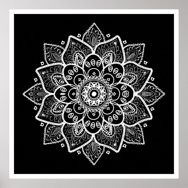 White Blommigt Mandala on Black Poster (Framsidan)
