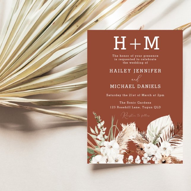 White Blommigt Monogram Terracotta Boho Bröllop Inbjudningar (Skapare uppladdad)