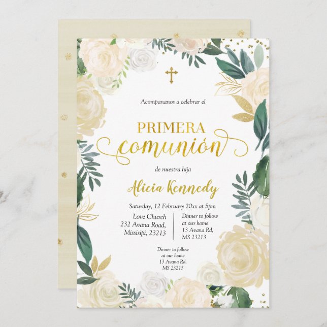 White Blommigt Primera Comunió n bjudacion bjudat Inbjudningar (Fram/baksida)