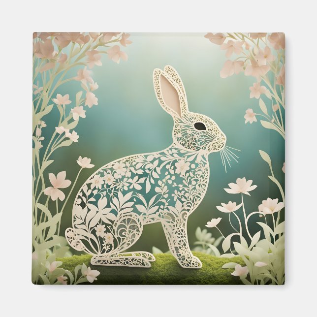 White Blommigt Rabbit Vår Art Magnet (Framsidan)