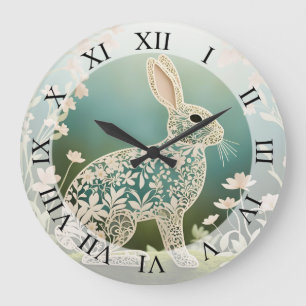 White Blommigt Rabbit Vår Art Stor Klocka
