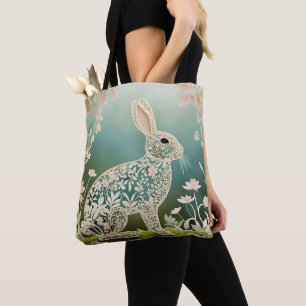 White Blommigt Rabbit Vår Art Tygkasse