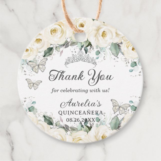 White Blommigt Silver Butterflies Princess Tiara Gåvor Etiketter (Framsida)