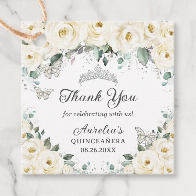 White Blommigt Silver Butterflies Princess Tiara Gåvor Etiketter (Framsida)