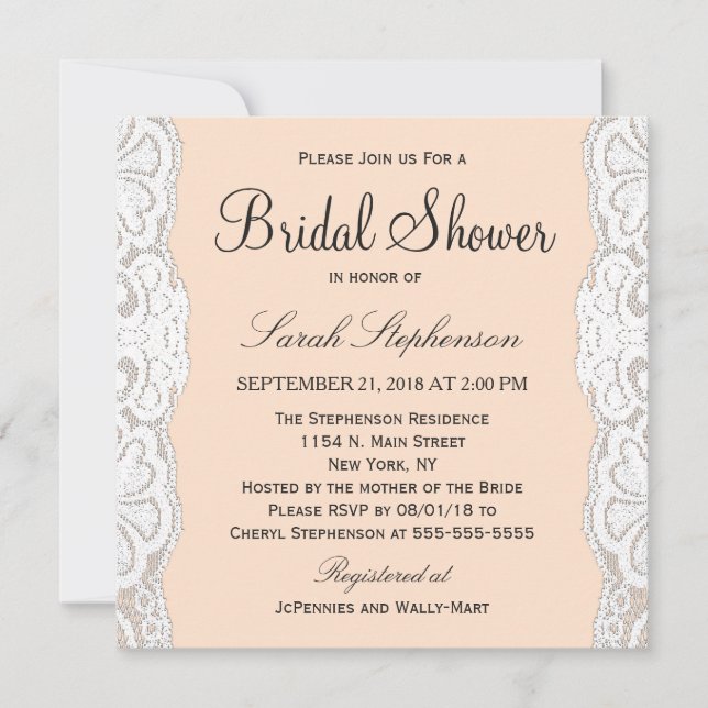 White Blommigt Snöre på Peachy Beige Inbjudningar (Framsida)
