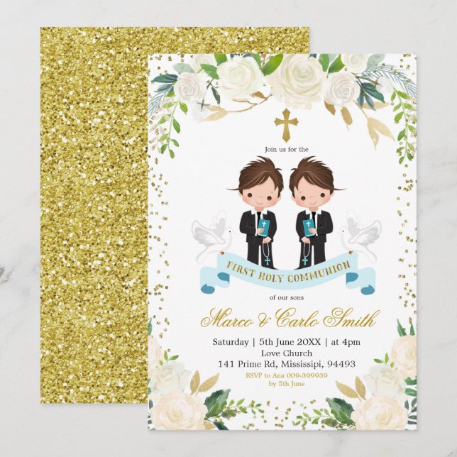 White Blommigt Twin Boy First Heliga Communion Inbjudningar (Fram/baksida)