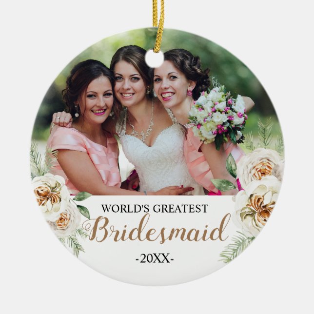 White Blommigt Världsmästare Bridesmaid Ornament (Framsidan)
