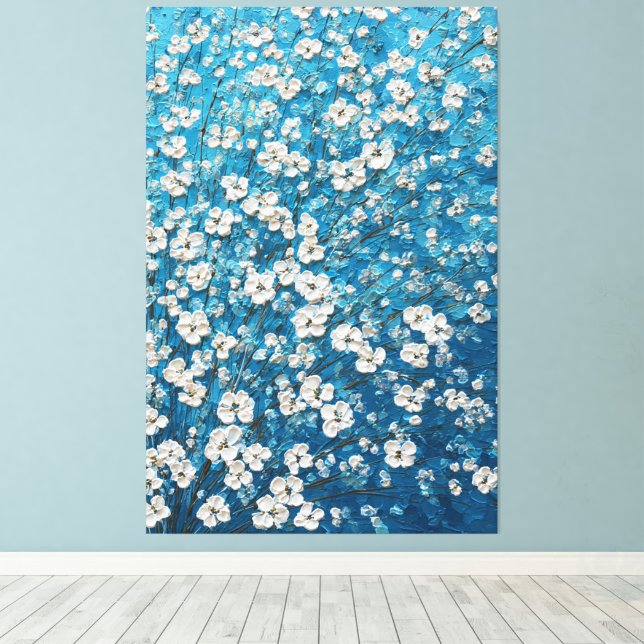 White Blossom Branches on Blue Abstract Wall Art Canvastryck (Insitu (trägolv))