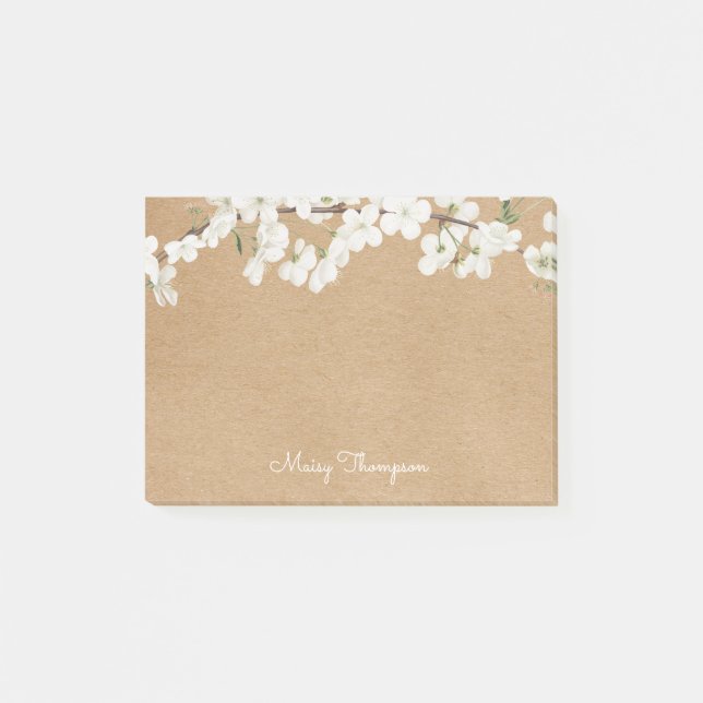 White Blossom Rustic Kraft Script Namn Post-it Block (Framsida)