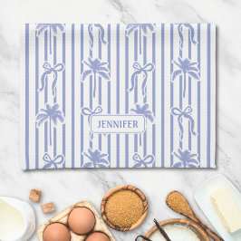 White Blue Coastal Chic Palm Trees Bows Stripes Kökshandduk