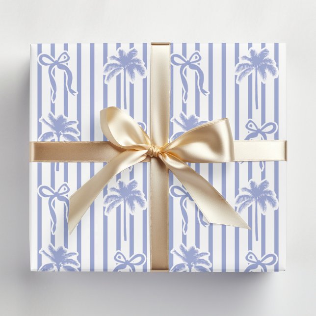 White Blue Coastal Palm Trees Bows Stripes Pattern Presentpapper (In situ)