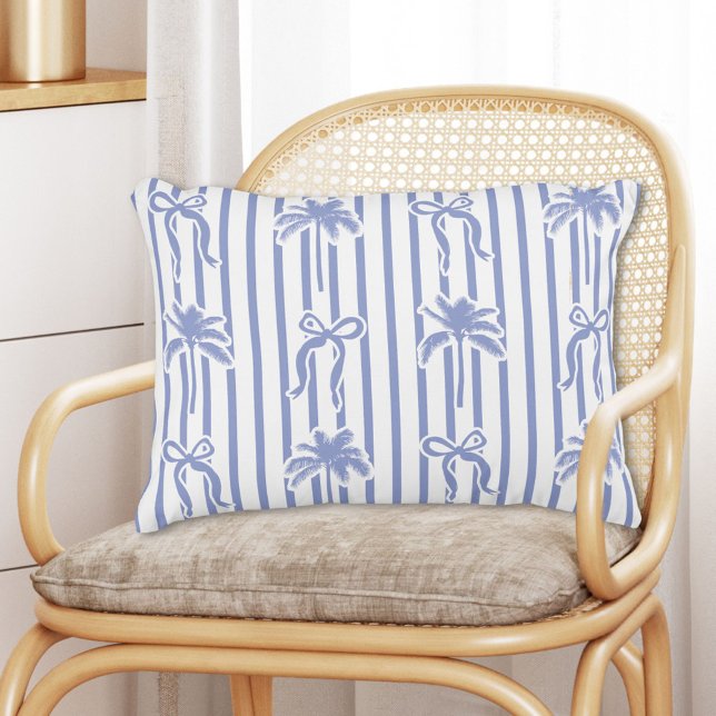 White Blue Coastal Palm Trees Bows Stripes Pattern Prydnadskudde (In situ)