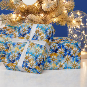 White Blue Guld jul Poinsettia Snöflingor Presentpapper