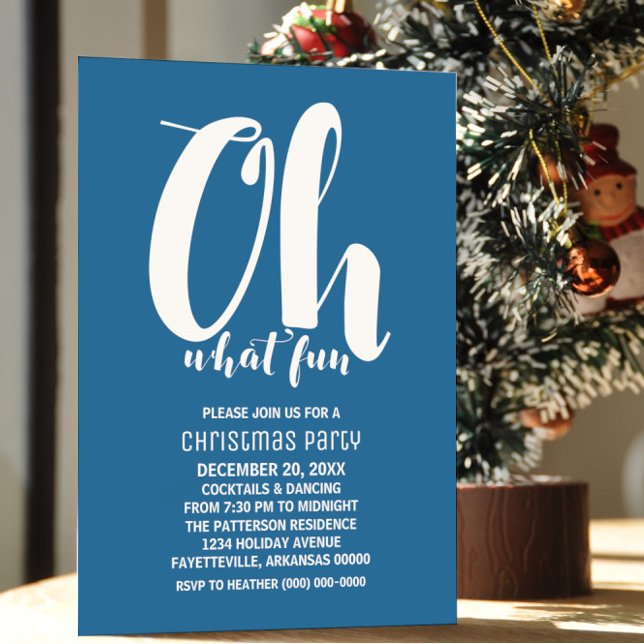 White Blue Oh What Roligt Julfest Inbjudan (White and Blue Oh What Fun Holiday Party Invite)