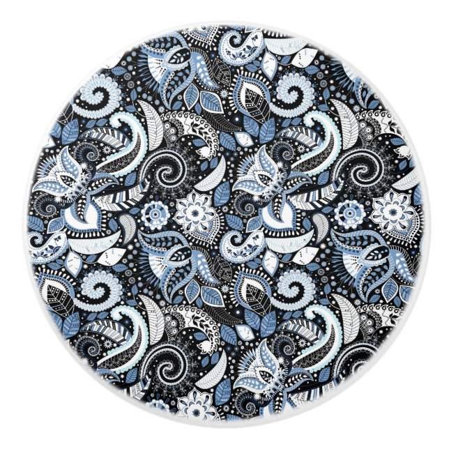White & Blue Paisley Boho Print Mönster Knopp (Framsidan)