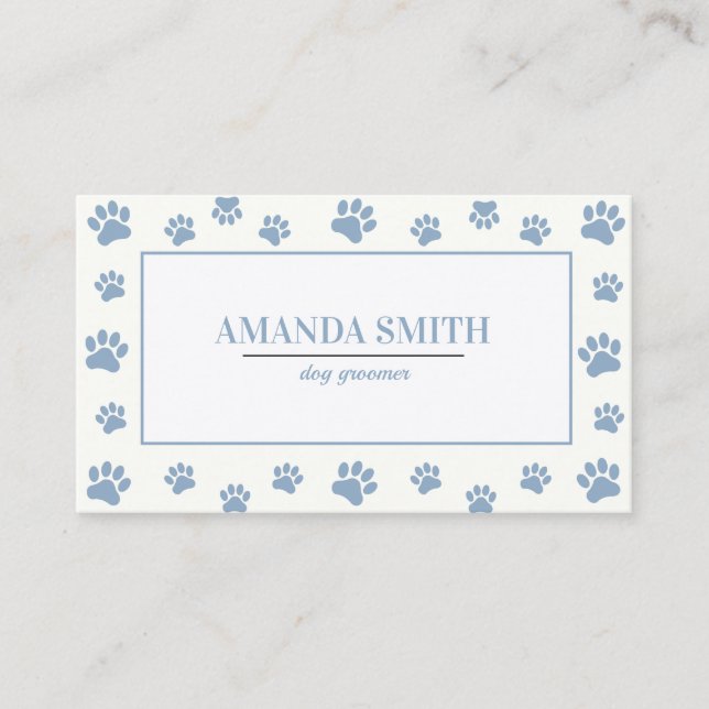 White & Blue Paw Prints Dog Groomer Business Card Visitkort (Framsida)