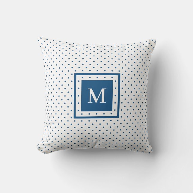 White Blue Polka Dot Mönster med Modern Monogram Kudde (Framsida)