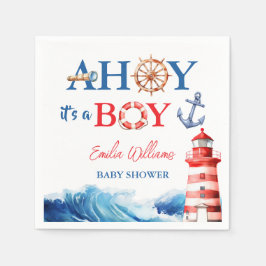 White Blue Red Nautical Ahoy Boy Lighthouse Pappersservett