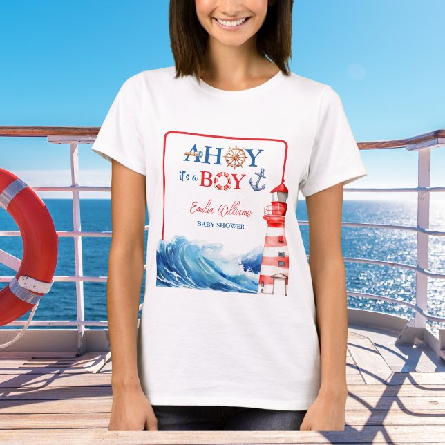White Blue Red Nautical Ahoy Boy Lighthouse T Shirt (Skapare uppladdad)