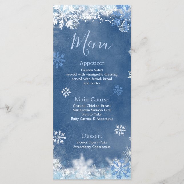 White Blue Snow in Love Snowflake Bridal Shower Meny (Framsida)