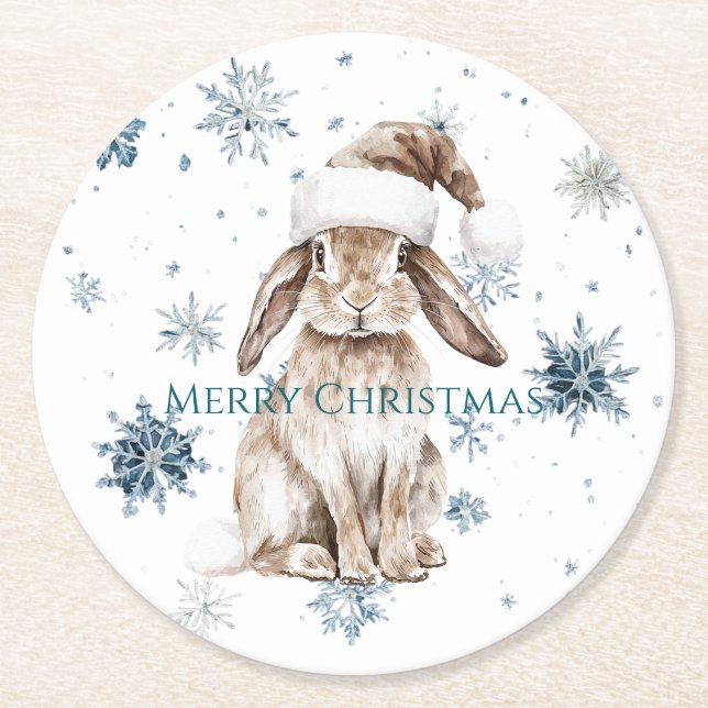 White Blue Snowflakes Christmas Bunny Underlägg Papper Rund (Framsidan)