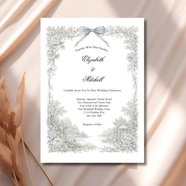 White Blue Toile Floral Coquette Bow Elegant  Inbjudningar (White Ivory Light Blue Toile Florals and coquette Bow Elegant Wedding invitation. Printed or Digital)