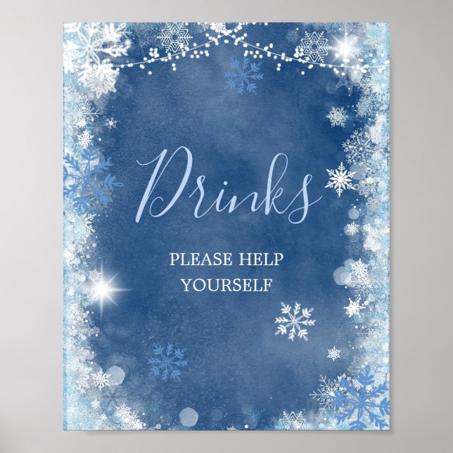 White Blue Winter Snowflake Bridal Shower Drinks Poster (Framsidan)