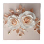 White Blush 3 D Flower Kakelplatta<br><div class="desc">Elegant AI created 3 dimensional white and blush flower with shadows and rose gold leaves.</div>